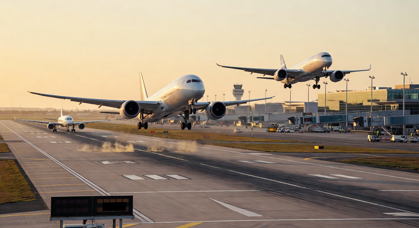 Airplanes taking off at an airport runway