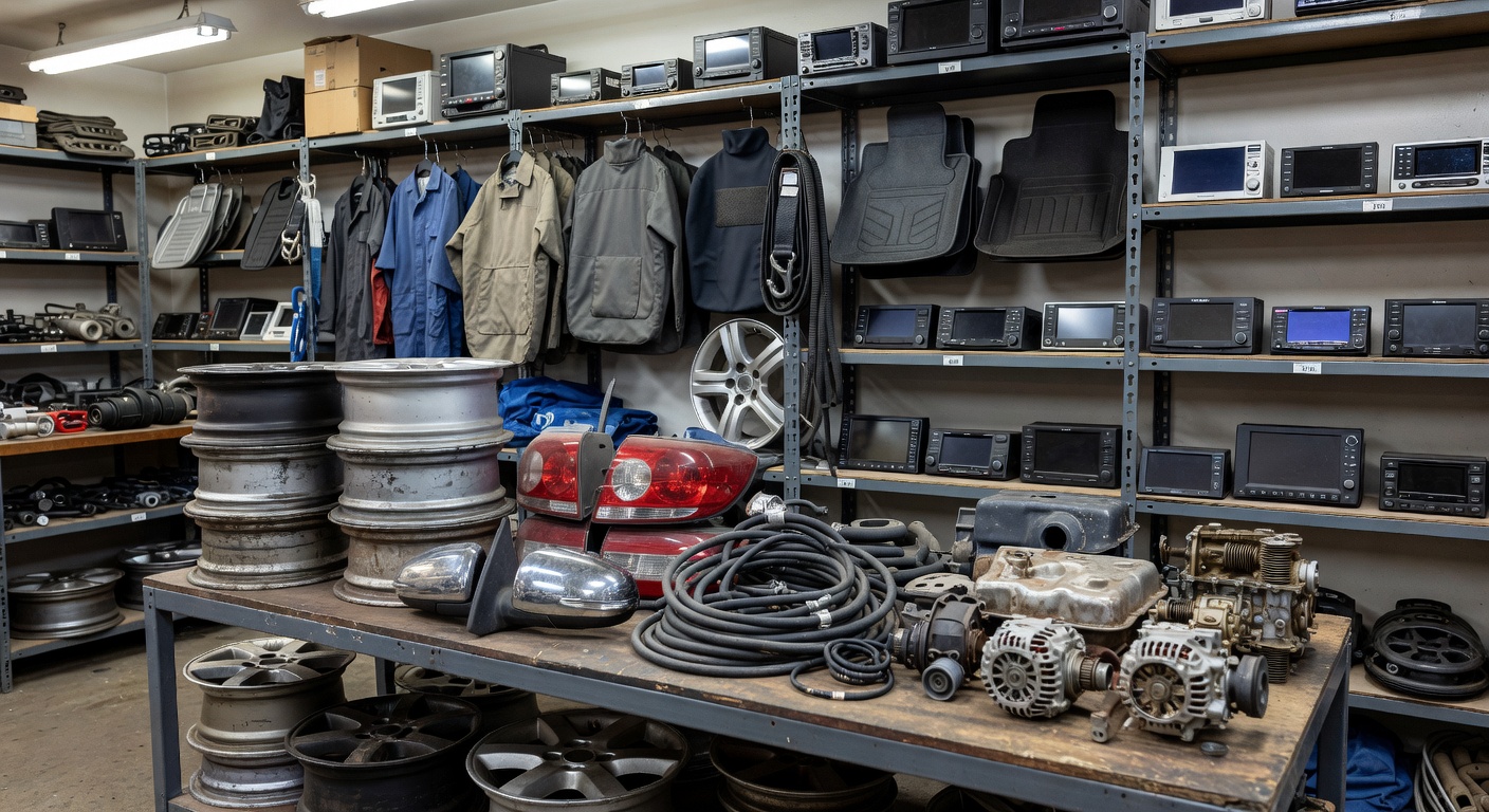 Variety of car accessories and used parts displayed