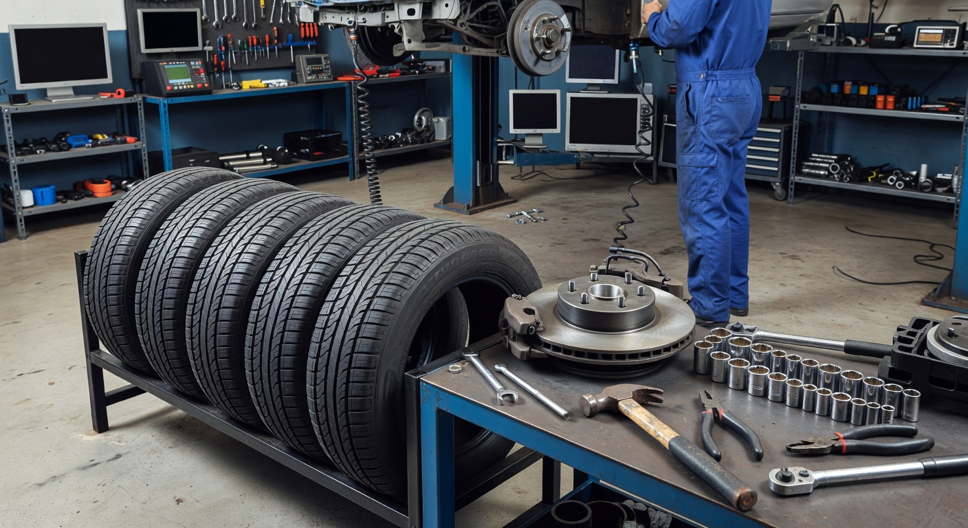 Car tires, brakes and auto repair tools
