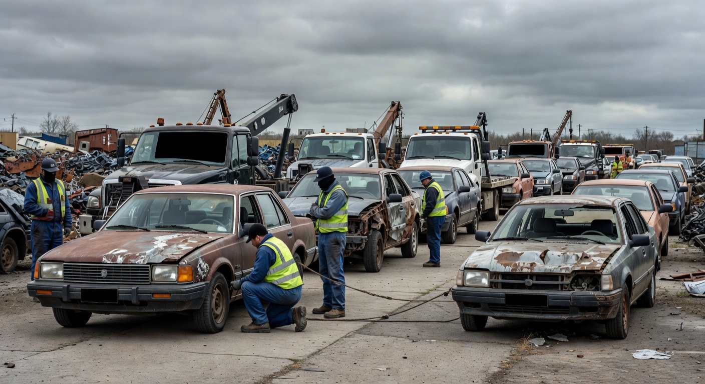 Junk cars lined up awaiting tow trucks
