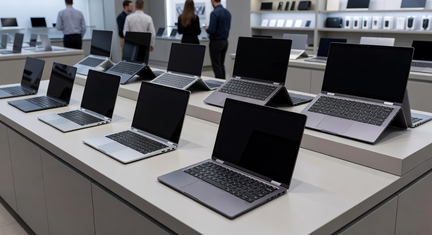 Assortment of modern laptops on display