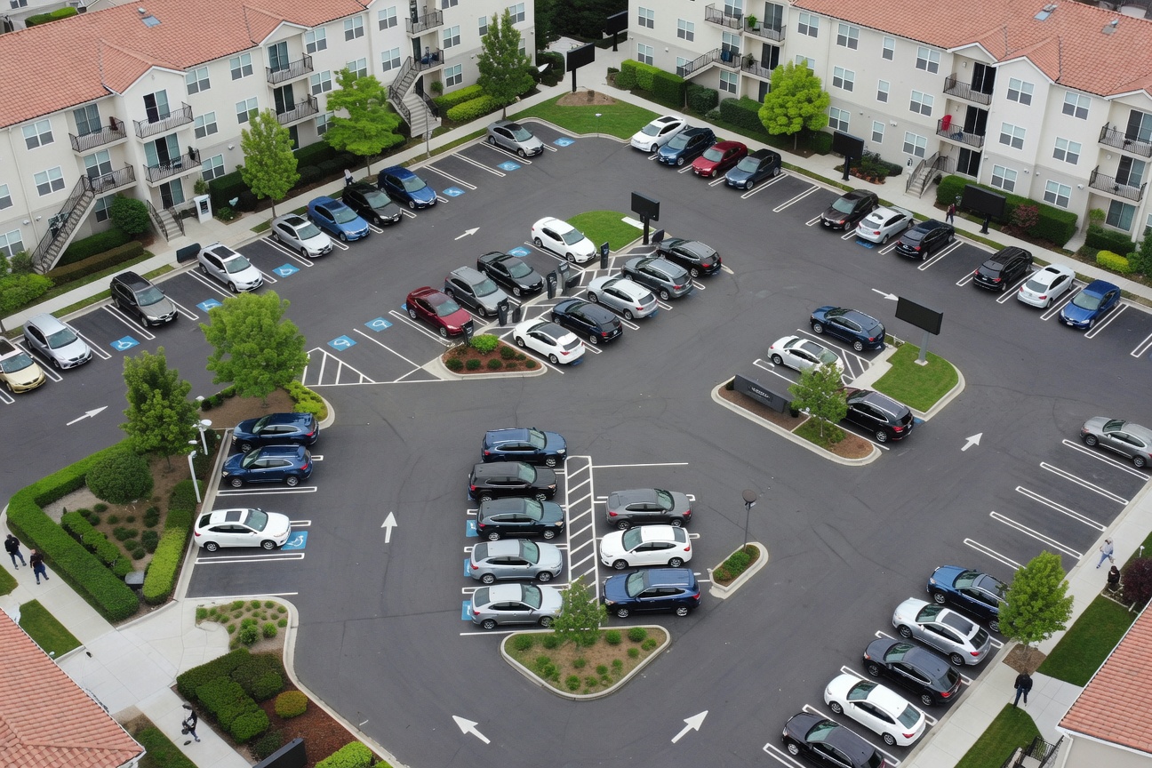 Overhead view of apartment parking lot