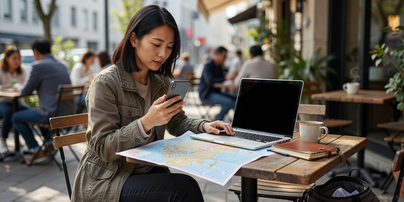Traveler planning trip with phone and laptop map
