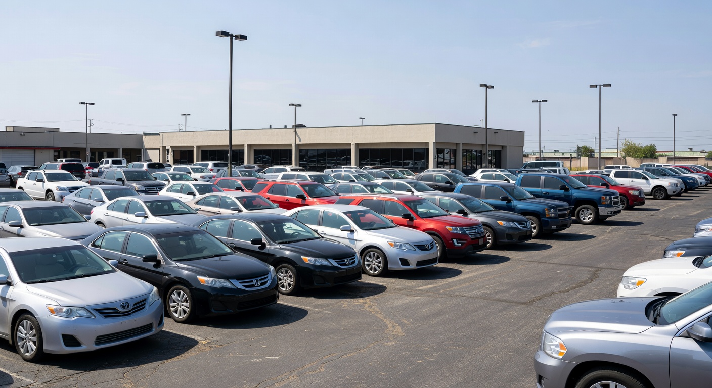 Used cars dealership lot with many vehicles
