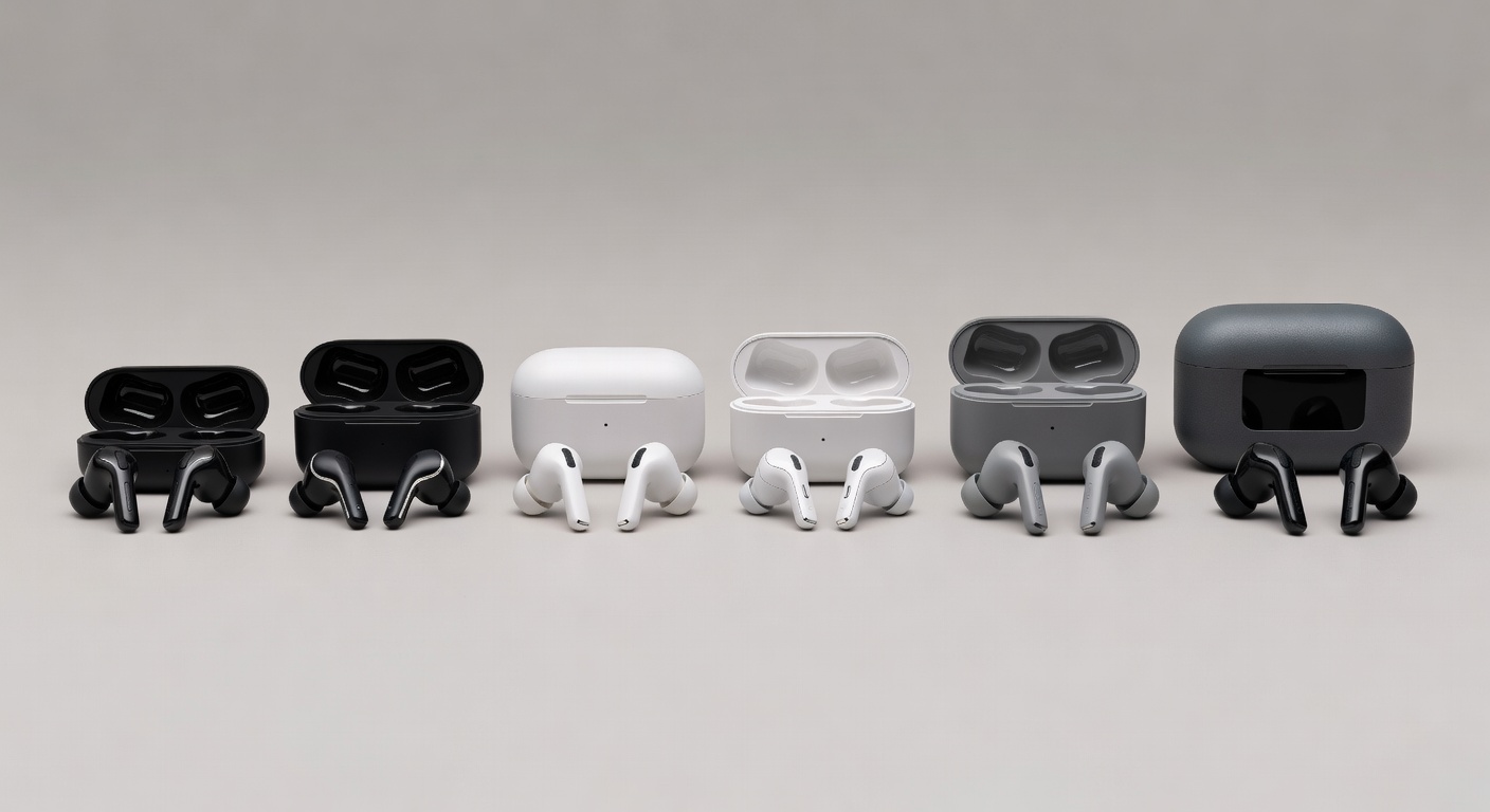 various wireless earbuds lined up