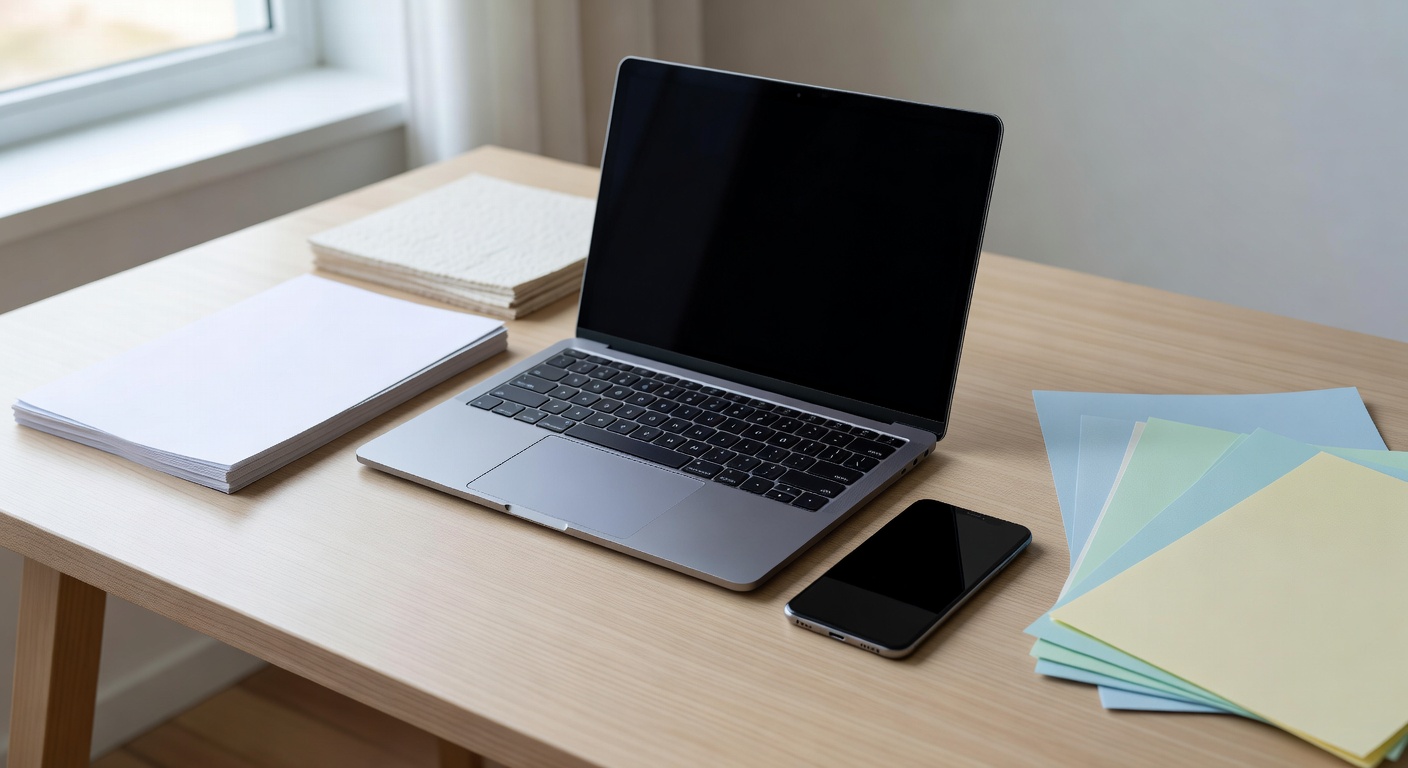 assorted paper, laptop, phone showing content work