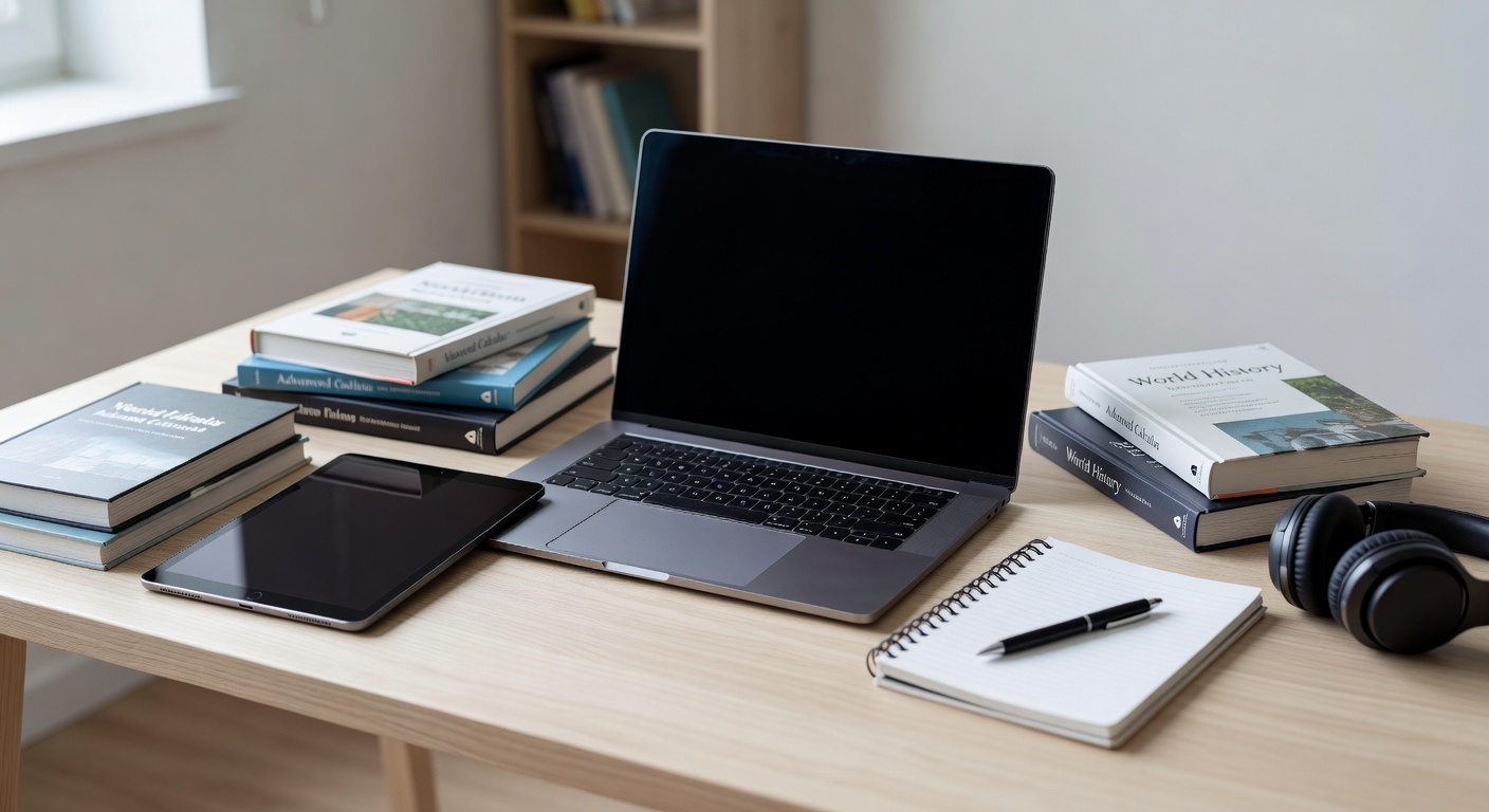 A collection of digital learning tools like laptop tablet books