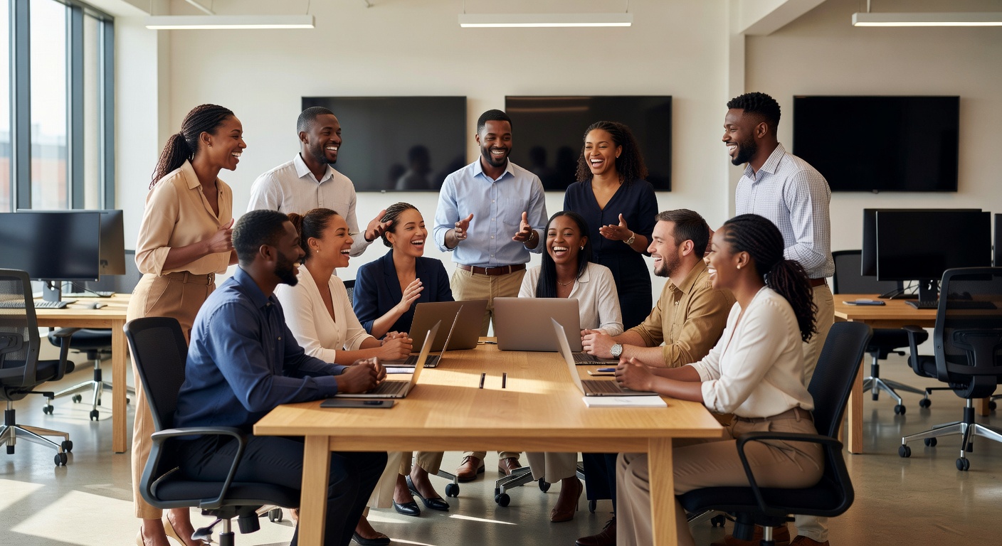 Group of happy employees in office
