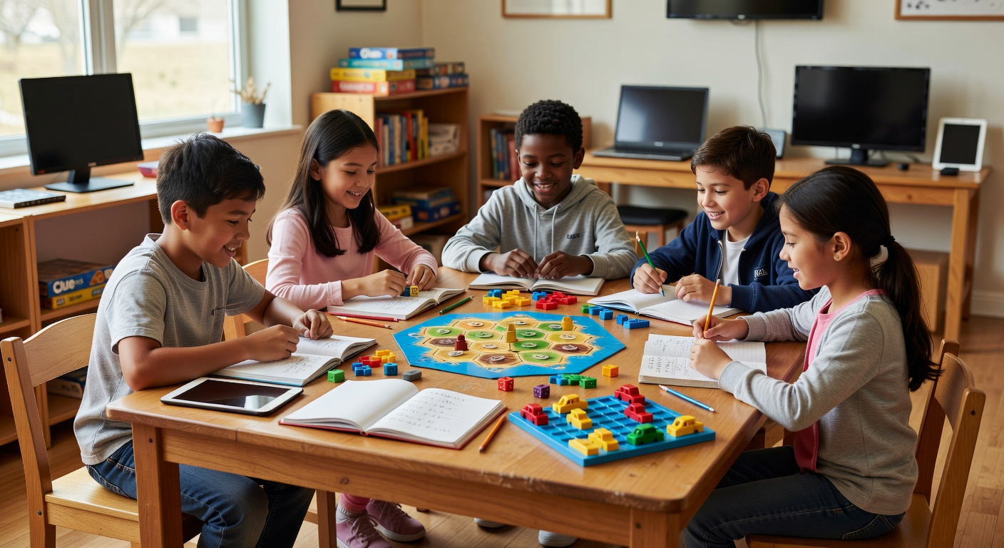 Kids playing board games and solving math puzzles