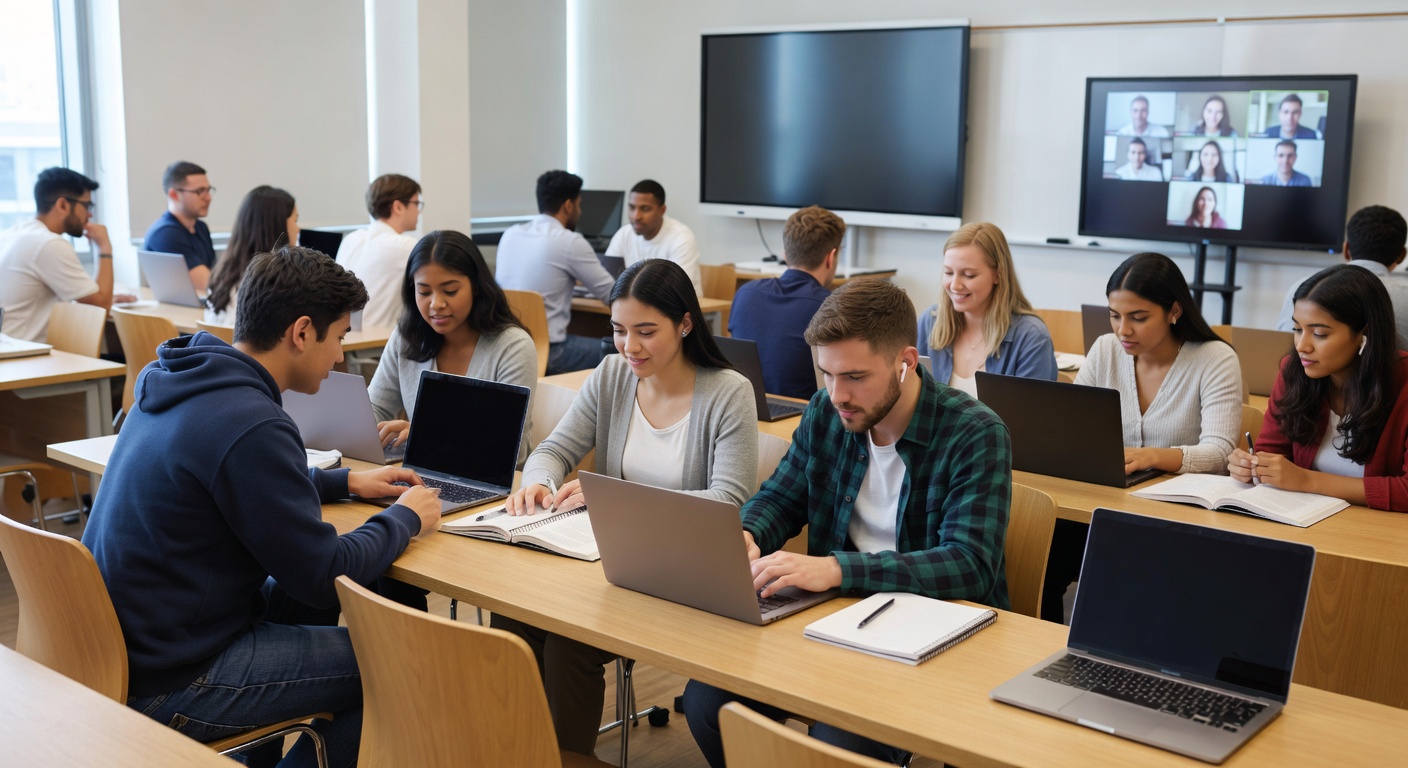 College students learning together in classroom and online