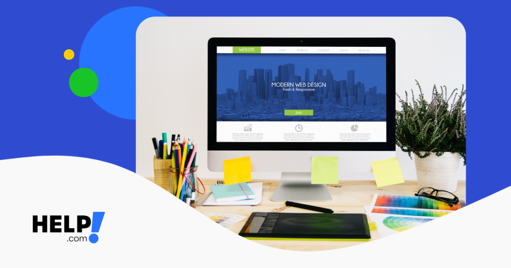 image of computer with a modern website design against a blue backdrop.