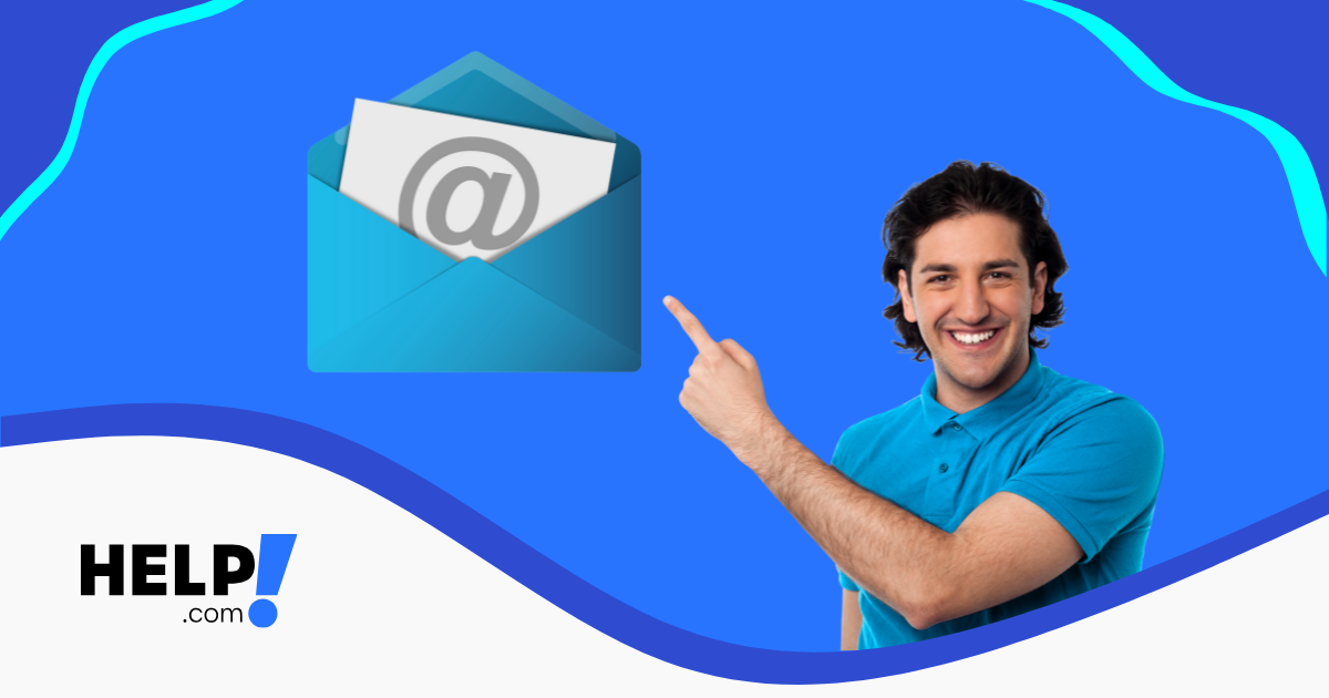 Smiling man pointing upwards to a professional email sign in an envelope.
